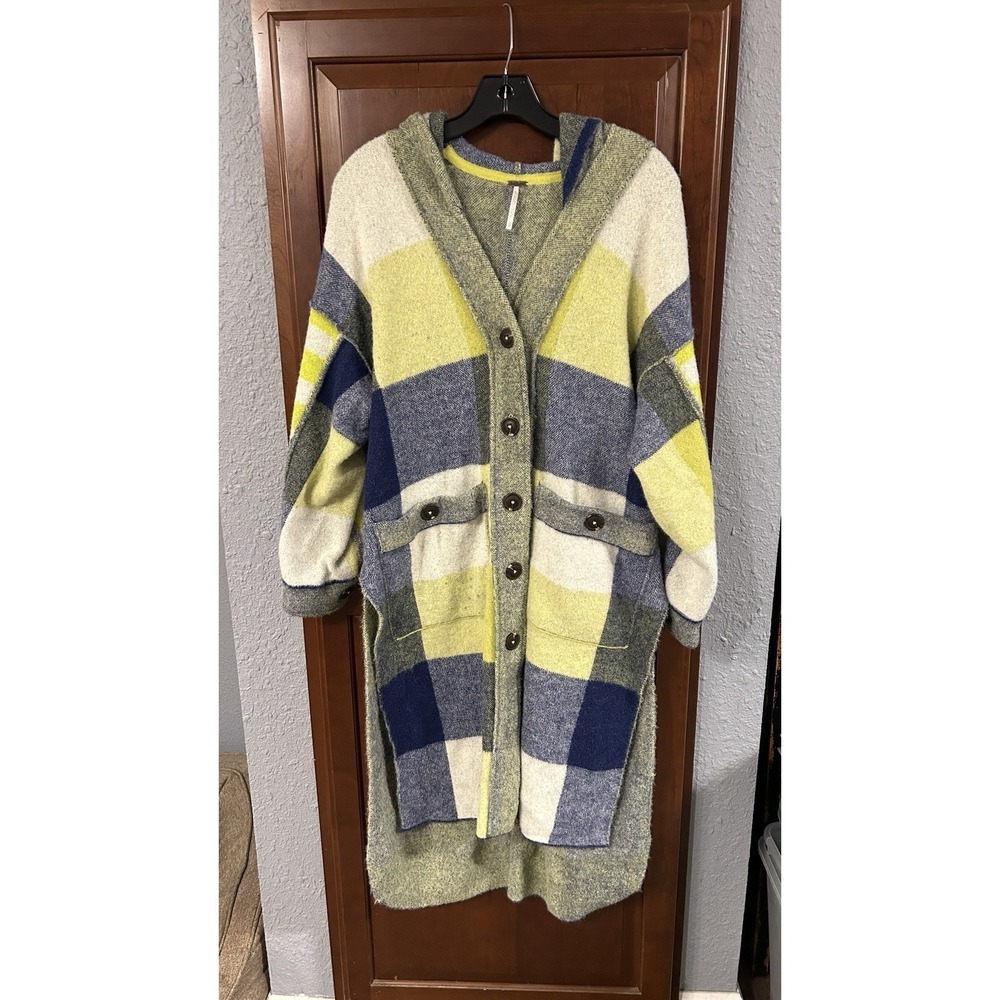 Free People Sweater Plaid South Bend Cardigan Duster Hood X-Small Yellow Navy‎